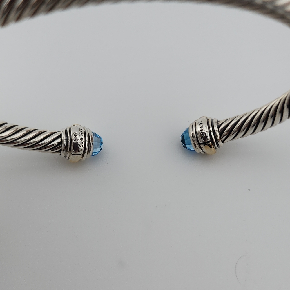David Yurman 5mm Sterling Silver Cable  Bracelet With Blue Topaz & 14k Gold - Picture 3 of 4
